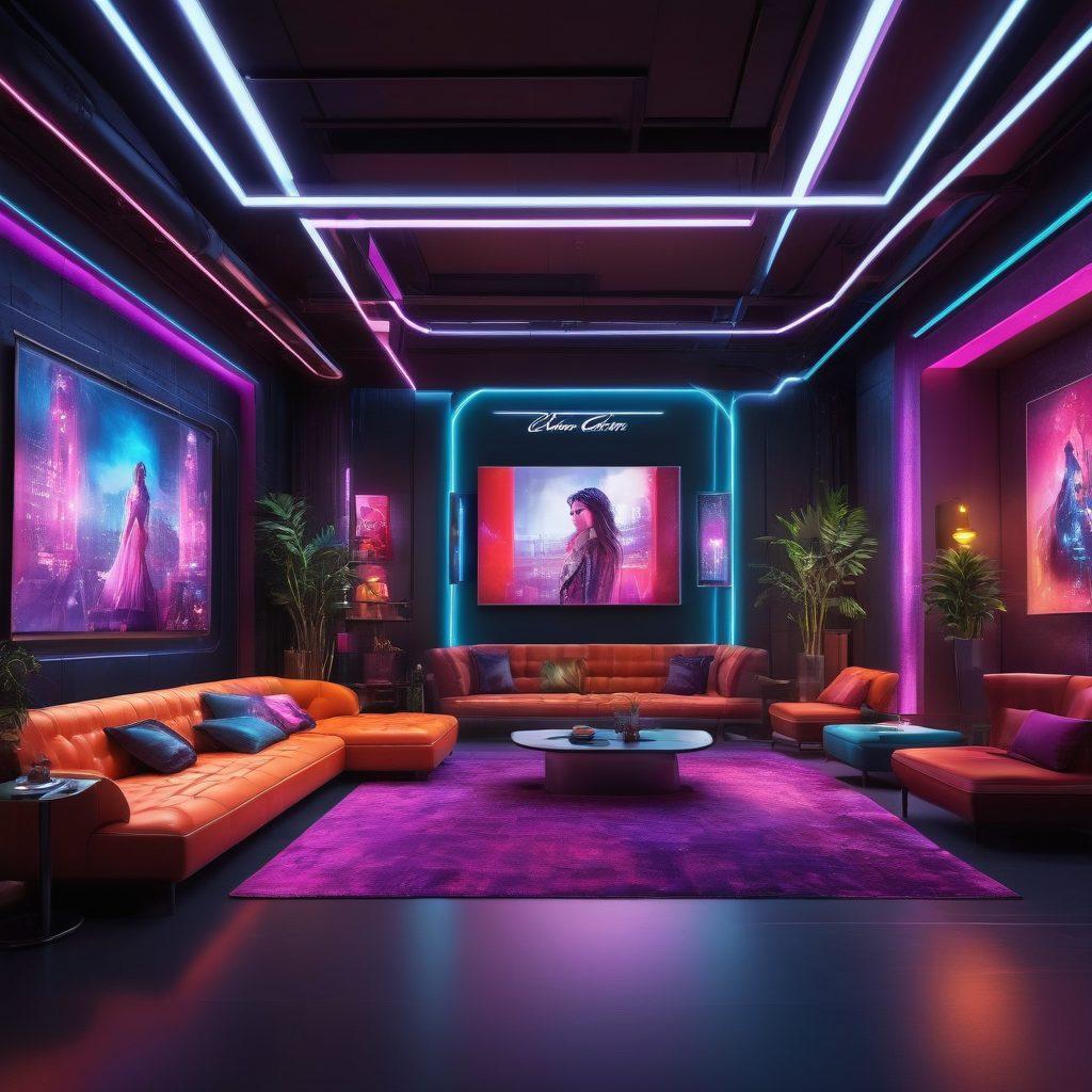 A captivating digital lounge filled with stylishly dressed individuals engaging in lively webcam shows. Incorporate a mix of trendy fashion elements and modern technology, showcasing colorful lights and an interactive atmosphere. Include hints of glamorous accessories, like stylish headsets and decorative backdrops. The scene should portray excitement and allure, inviting viewers into this vibrant online experience. vibrant colors. 3D. cyberpunk.